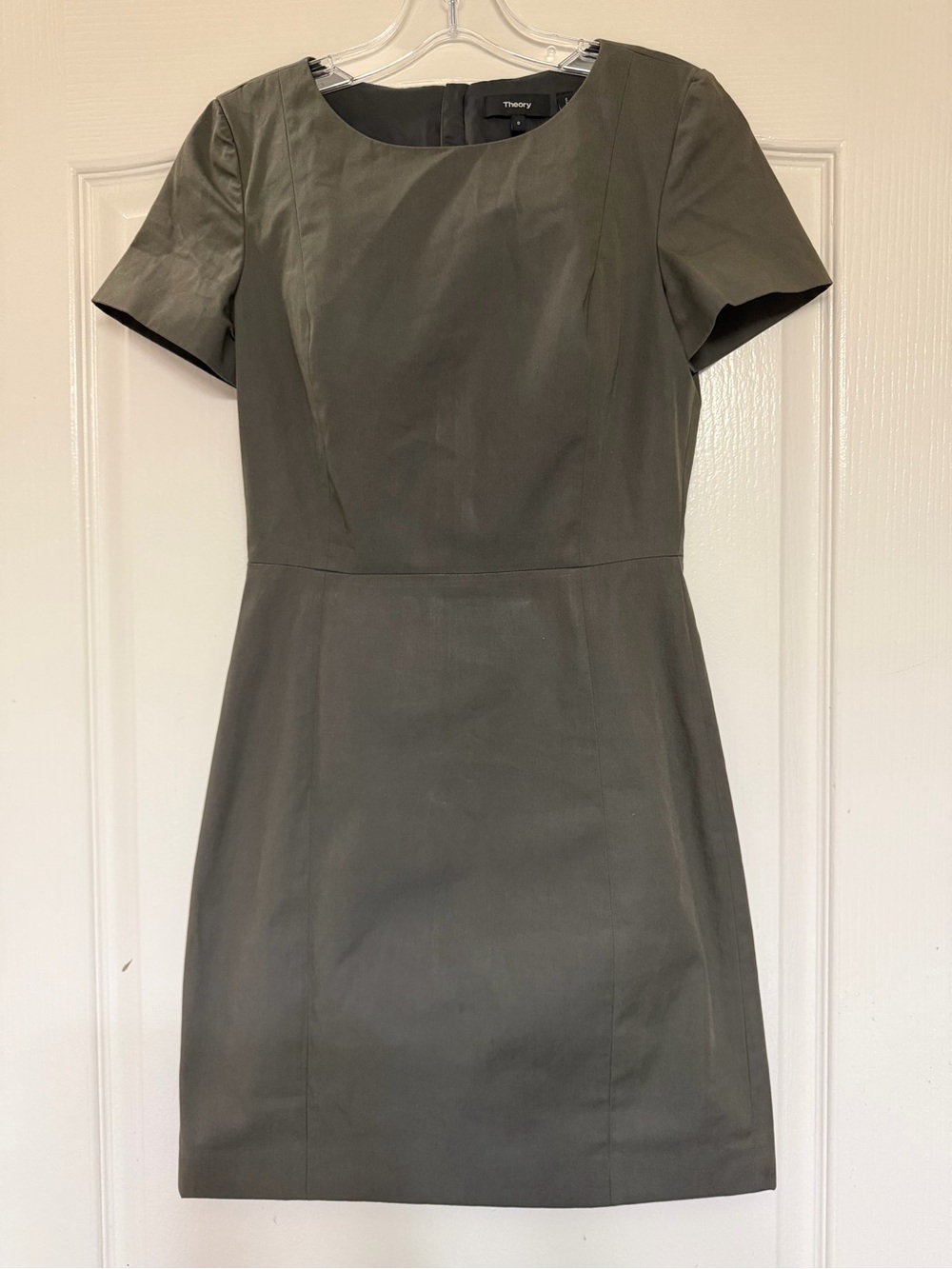 Theory Olive Green Sheath Dress Sz 0 Short Sleeve Sateen Career Workwear